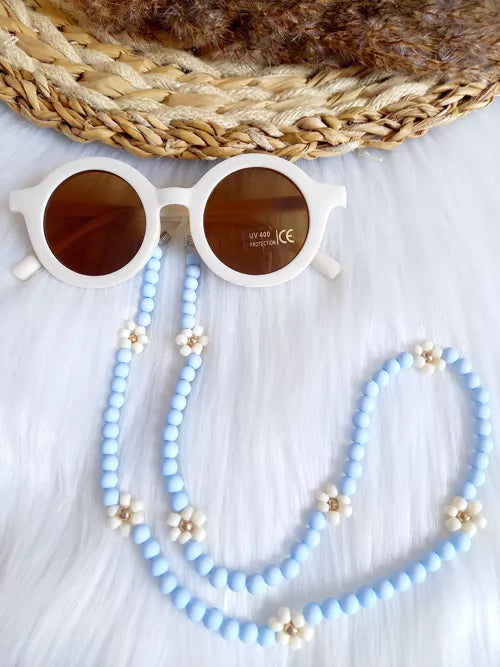 Cordon a lunettes bleu ciel avec fleurs blanches