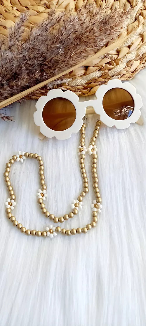 Cordon a lunettes doré, fleurs blanche